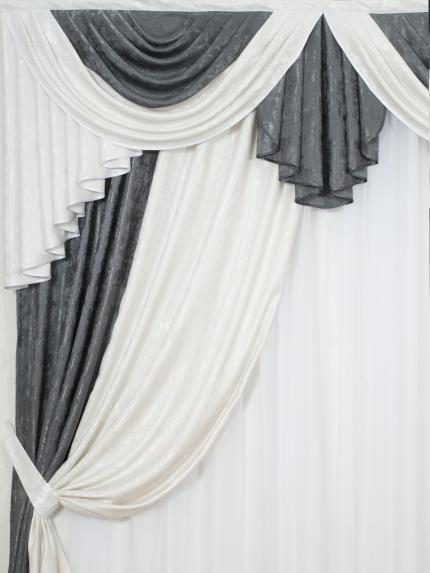 Шторы интерьерные с ламбрекеном под мрамор Герцогиня серый молочный